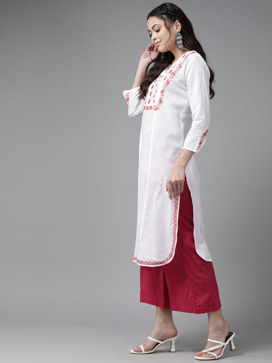 ADA Ethnic Motifs Chikankari Embroidered Floral Kurta | Swadesiicart