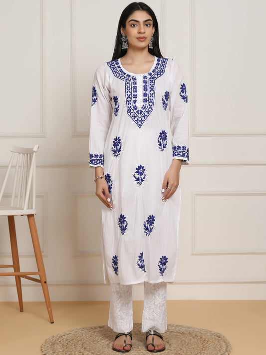HOUSE OF KARI Women Ethnic Motifs Embroidered Regular Chikankari Pure Cotton Kurta with Trousers | Swadesiicart