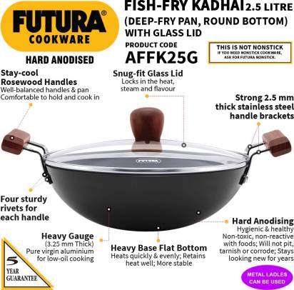 Hawkins Futura Hard Anodised Fish Fry Kadhai 26 cm Diameter 2.5 L with Lid (AFFK25G) - Swadesiicart