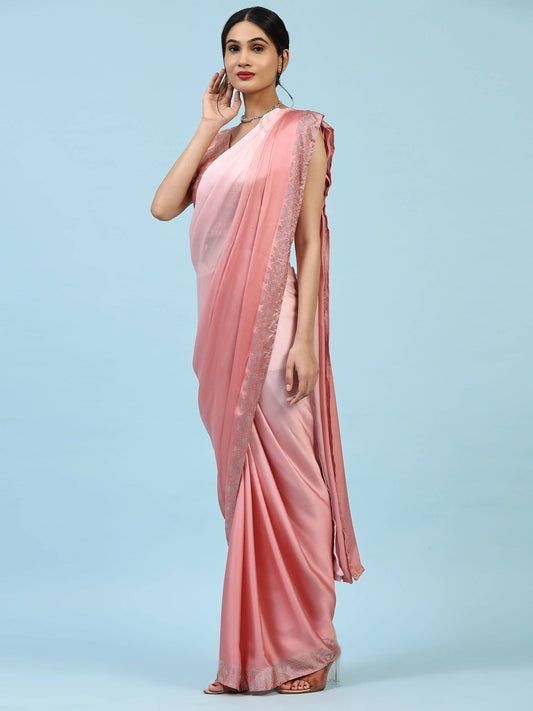 Peach Ombre Satin Georgette Plain Ready to wear Saree with stitched Blouse - Vrinda | Swadesiicart