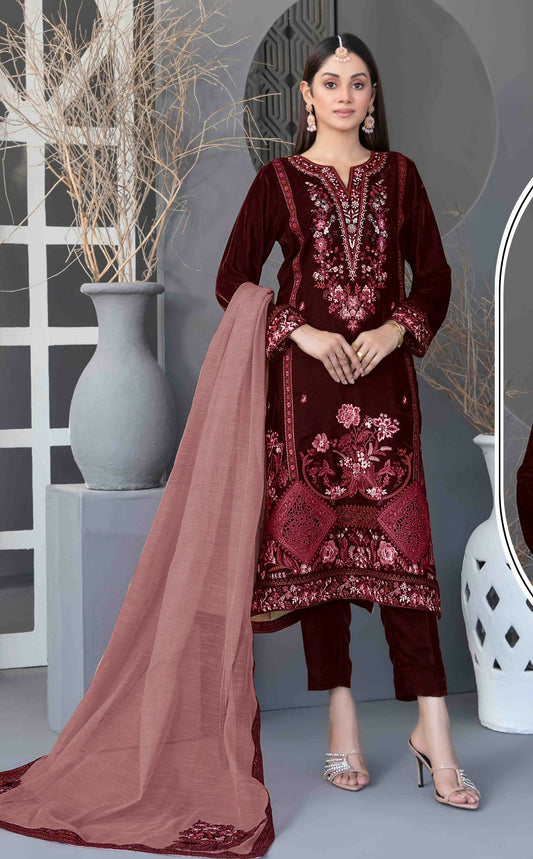Anaita Maroon Velvet Suit with Embroidery Sequence Work - Swadesiicart