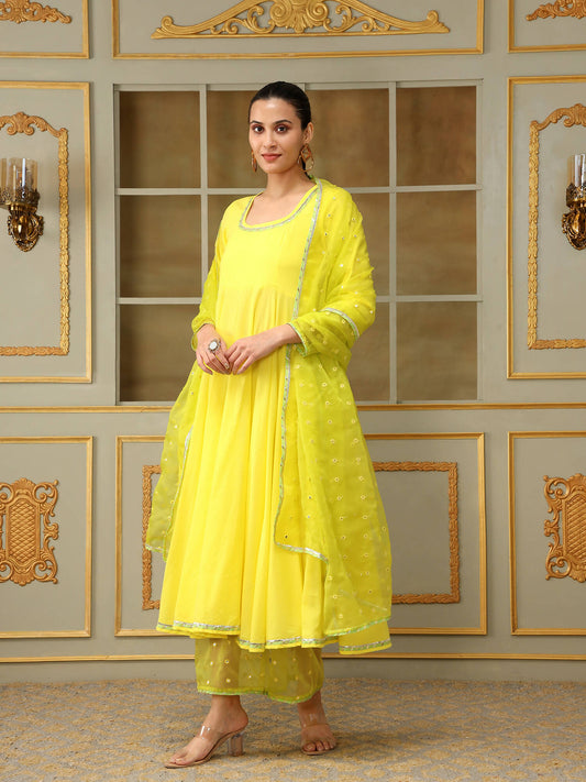 Pomcha Jaipur Yellow Saadgi Yellow Mirror Work Anarkali Set | Swadesiicart