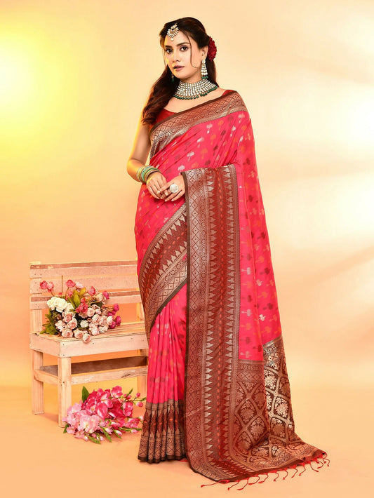 Joban Fashion Rani Pink & Bottle Green Plain With Weaving Border Banarasi Silk Sarees | Swadesiicart