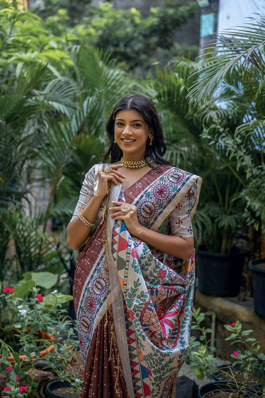 Vishnu Weaves Women's Coffee Soft Tussar Silk Printed Saree with Blouse - Swadesiicart