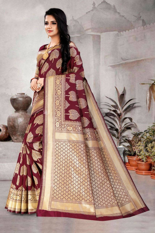 DEIANA'S Beautiful Designer Golden zari Soft Lichi Silk Saree - Maroon - Swadesiicart