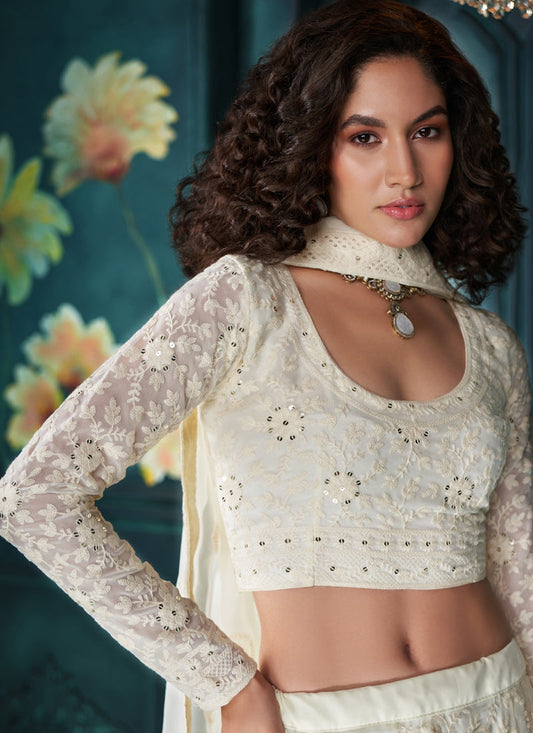 Vegaa Fashion Off White Georgette Embroidered Wedding Lehenga - Swadesiicart