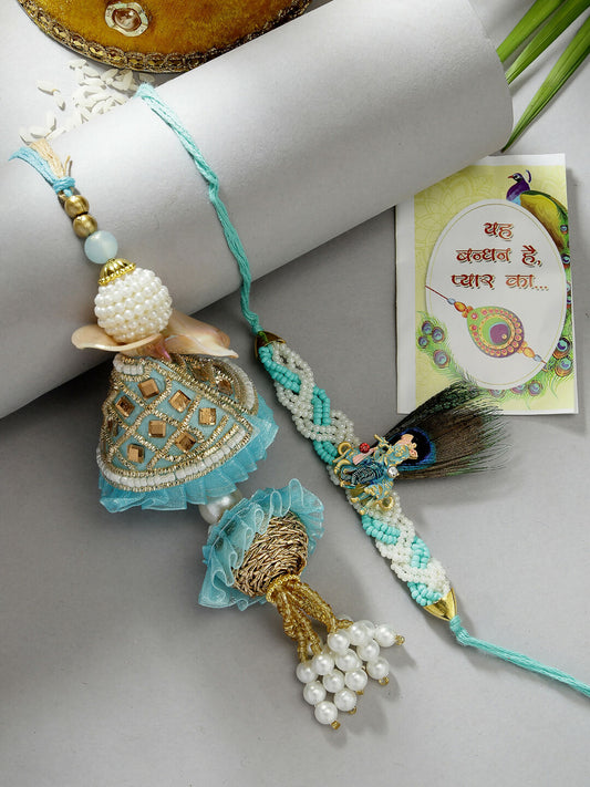 NVR Women & Men Set of 2 Blue Krishna Pearl Bhaiya Bhabhi Rakhi With Roli Chawal & Chocolate | Swadesiicart