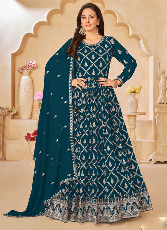 Vegaa Fashion Designer Aqua Blue Faux Georgette Embroidery Anarkali Suit - Swadesiicart