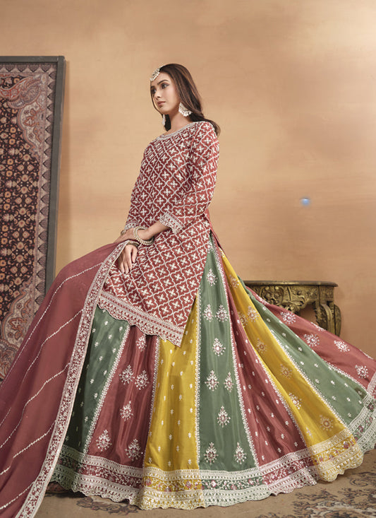 Vegaa Fashion Peach Chinon Silk Embroidered Lehenga Style Suit - Swadesiicart
