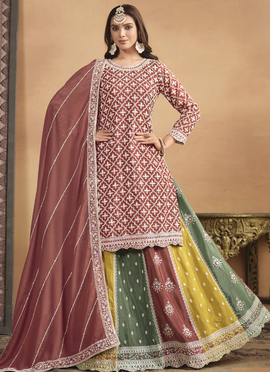Vegaa Fashion Peach Chinon Silk Embroidered Lehenga Style Suit - Swadesiicart
