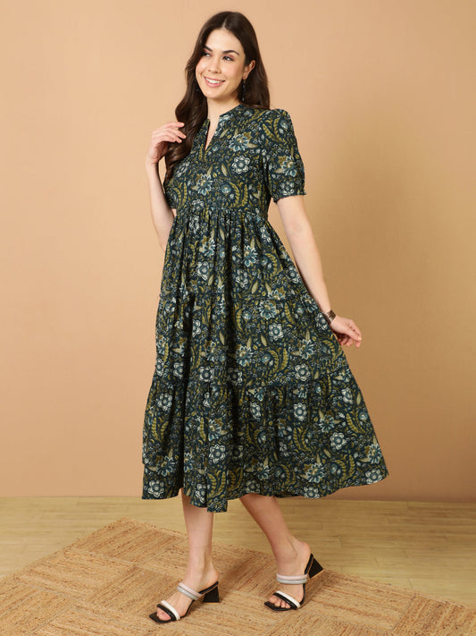 Antaran Blue Pure Cotton Tiered Printed Dress - Swadesiicart