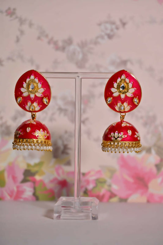 Red Meenakari Jhumki Earrings For Party By House of Ree | Swadesiicart