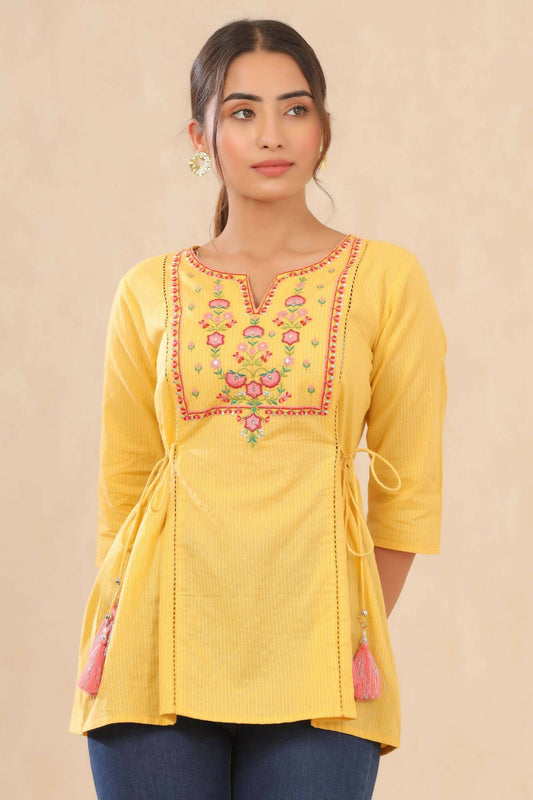 Juniper Women Yellow Cotton Dobby Embroidered A-Line Tunic | Swadesiicart