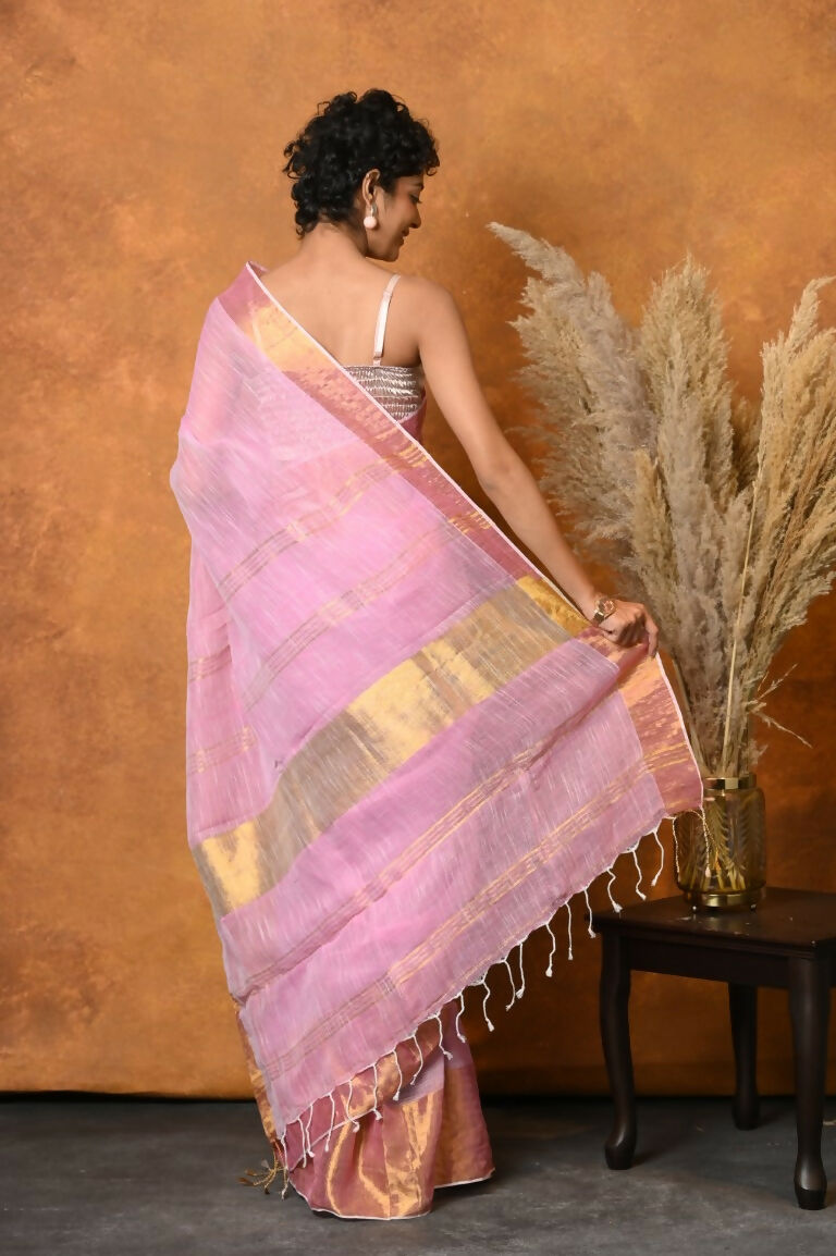 Very Much Indian Handloom Pure Cotton Linen Saree With Golden Border - Pink | Swadesiicart