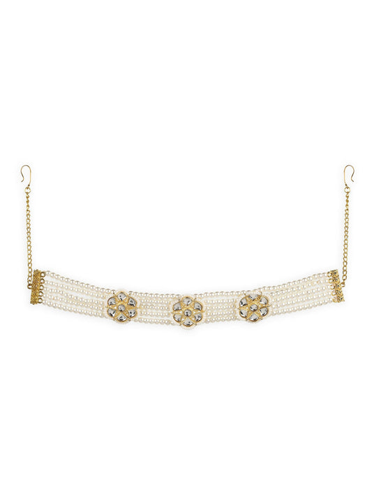 Gold-Polished White Kundan Studded Headband - Ruby Raang | Swadesiicart