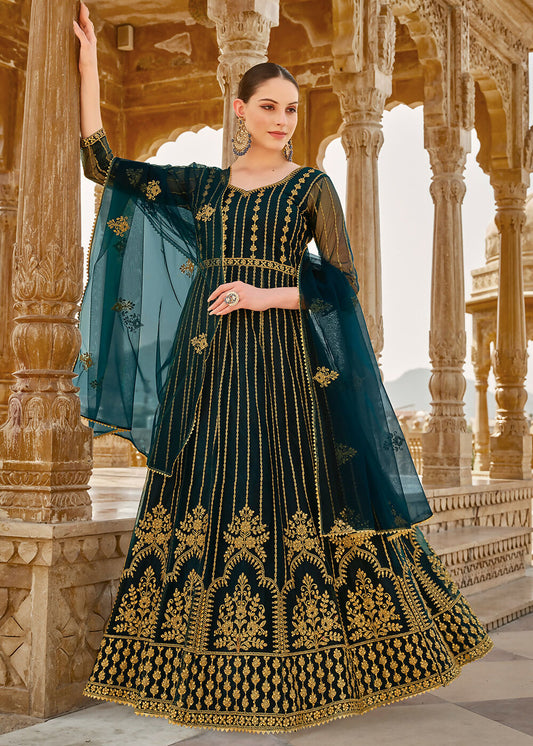 Heavy Stone Embroidered Peacock Blue Designer Anarkali Suit - Emponline | Swadesiicart
