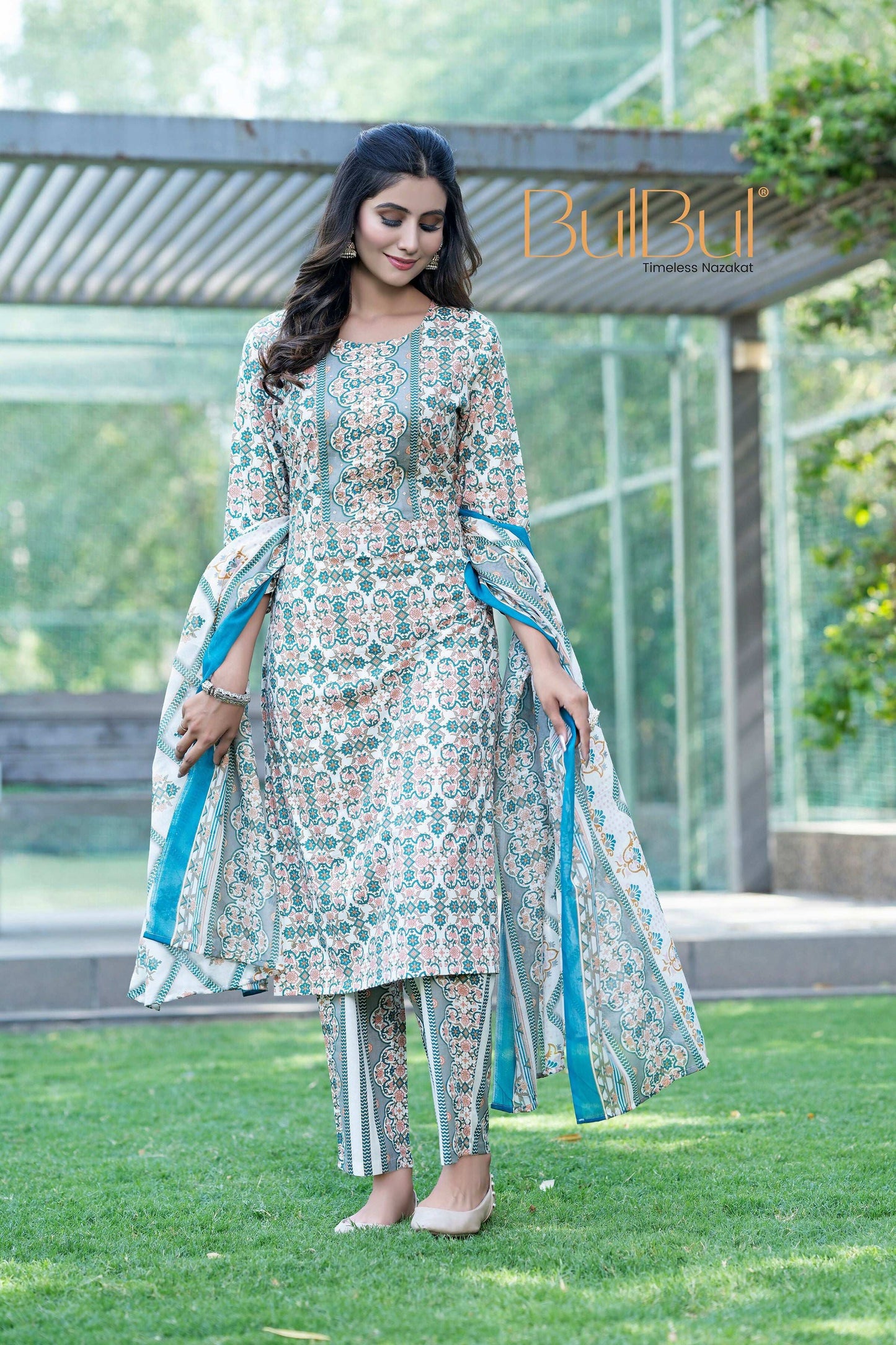 BulBul Fashionista Green-Blue Cotton Kurta Set with Dupatta - Swadesiicart