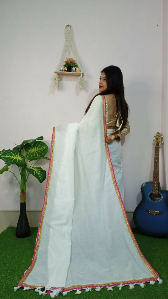 Exclusive Collection Beautiful Khadi Cotton Handloom Saree With Beautiful Zari Border - White - Swadesiicart
