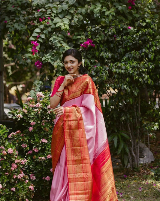 DEIANA'S Beautiful Designer Golden zari Soft Lichi Silk Saree - Baby pink - Swadesiicart