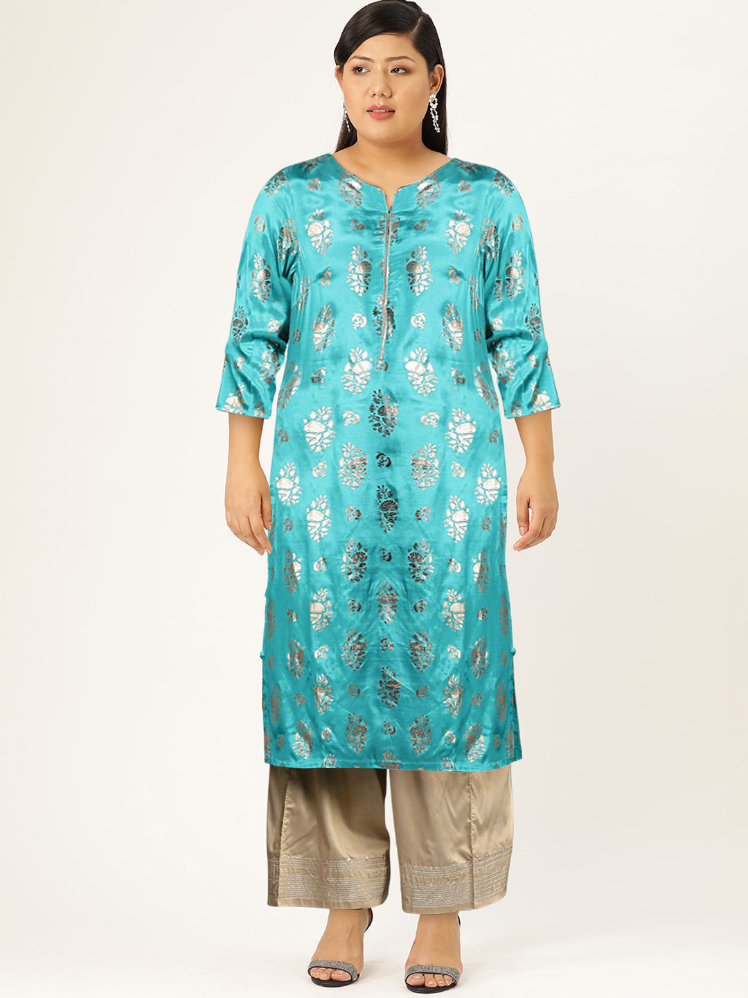 Biba Women Turquoise Blue Ethnic Motifs Foil Printed Keyhole Neck Kurta - Swadesiicart