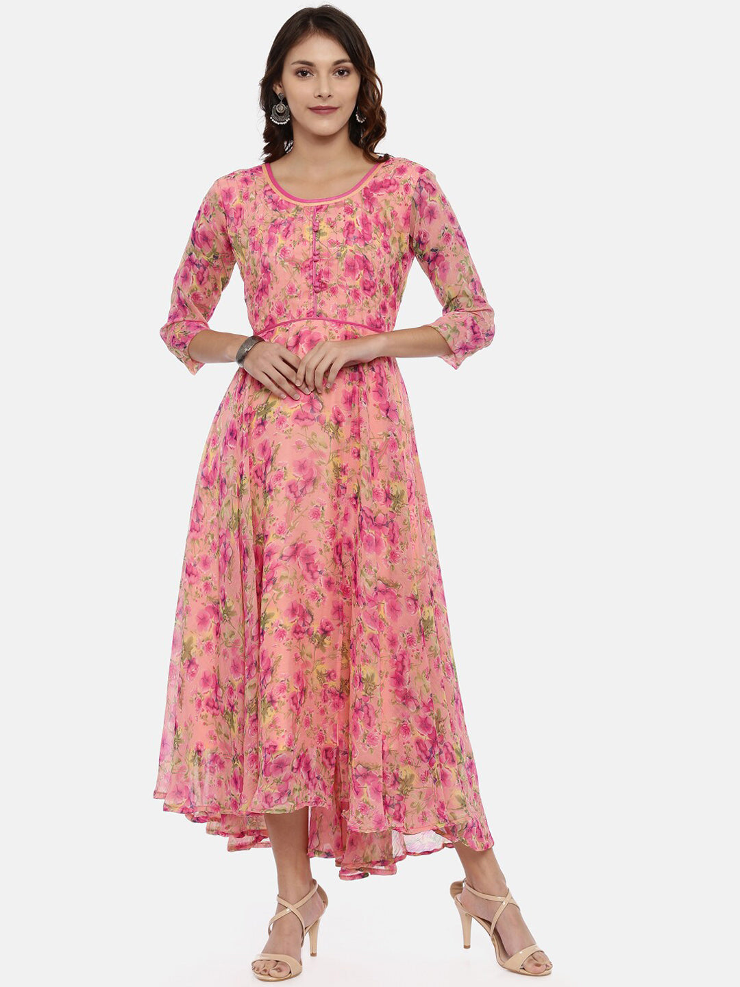 Souchii Women Pink & Yellow Floral Printed Fit & Flare Dress - Swadesiicart