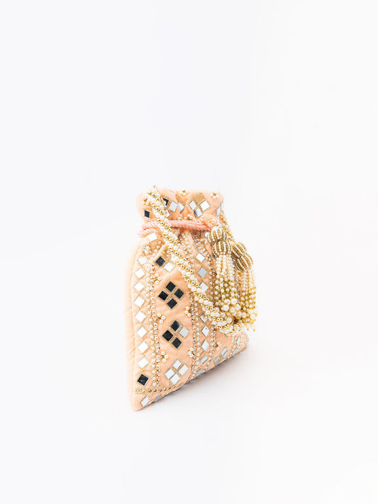 NR By Nidhi Rathi Peach-Coloured & White Embroidered Potli Clutch - Swadesiicart