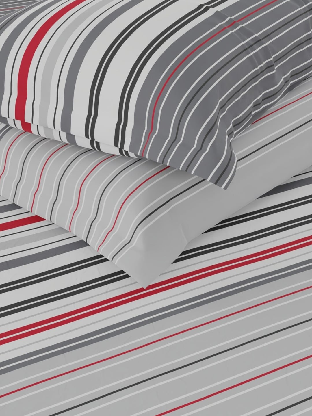 Nautica Bradford Grey & White Striped Cotton 160 TC King Bedsheet With 2 Pillow Covers - Swadesiicart