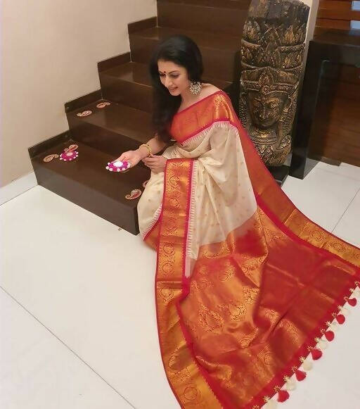 DEIANA'S Beautiful Designer Golden zari Soft Lichi Silk Saree - White - Swadesiicart