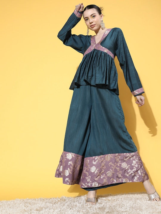 InWeave Women's Teal Mauve Brocade Mughal Shaan Kurta Palazzo Set - Swadesiicart