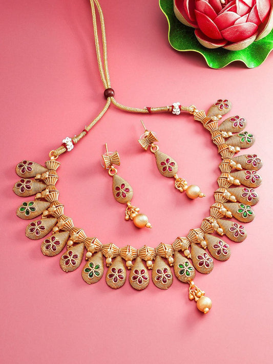 Aadita Gold-Polished Temple Choker Ruby Jewellery Set | Swadesiicart