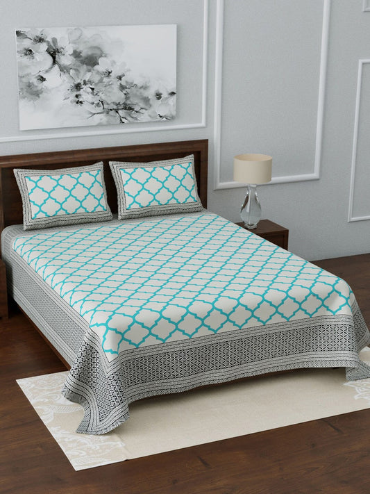 LIVING ROOTS White & Blue Printed 210 TC 1 King Jaipuri Bedsheet With 2 Pillow Covers - Swadesiicart