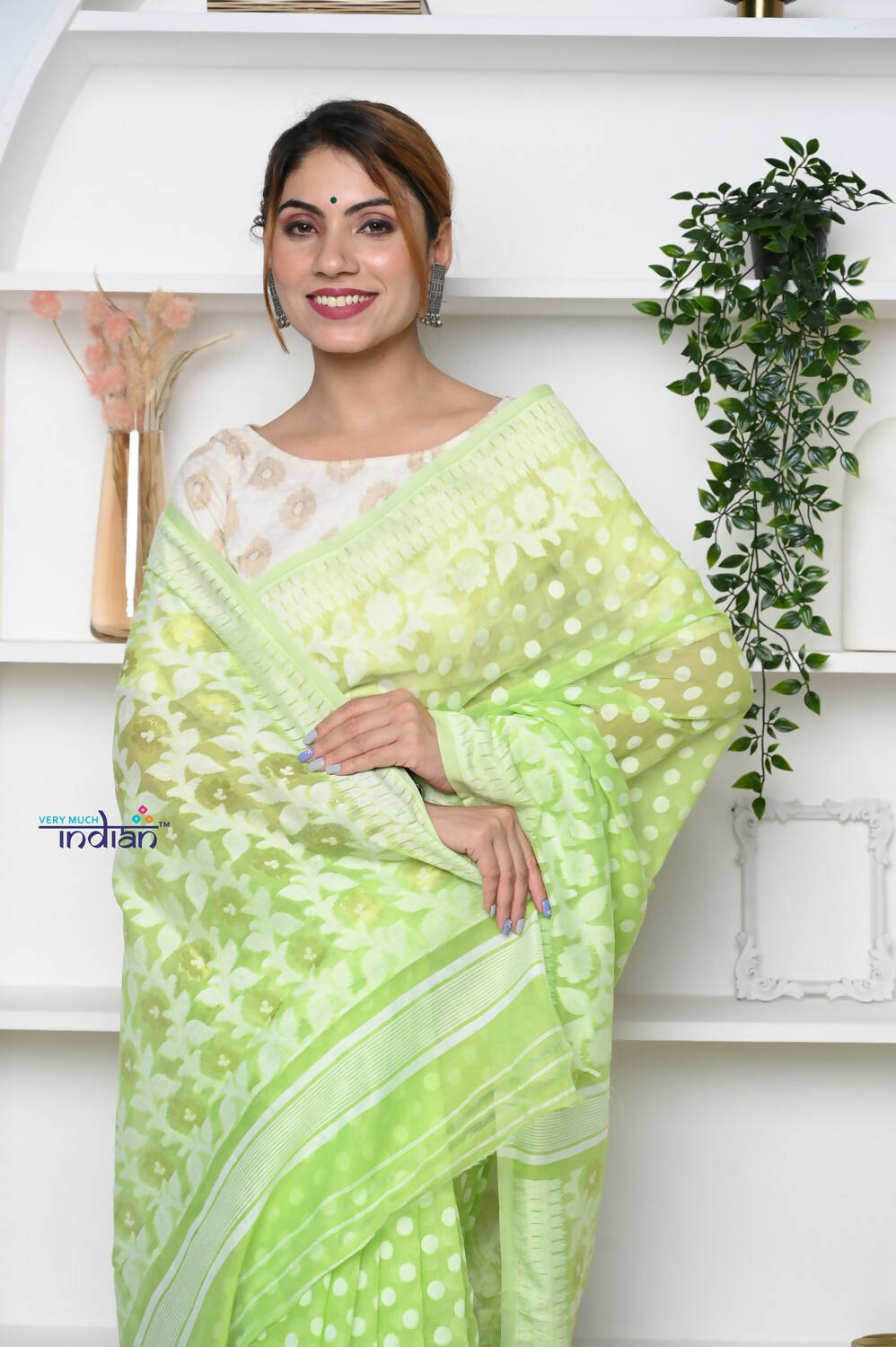 Very Much Indian Jamdhani Cotton Saree - Pista Green | Swadesiicart