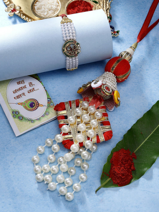 NVR Women & Men Set of 2 White Pearl Bhaiya Bhabhi Rakhi With Roli Chawal & Chocolate | Swadesiicart