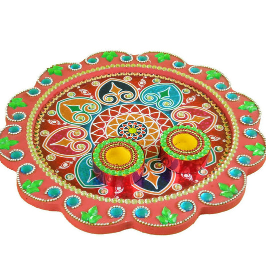 Kundan HandiKrafts Mdf Flower Pooja Thali - Red | Swadesiicart