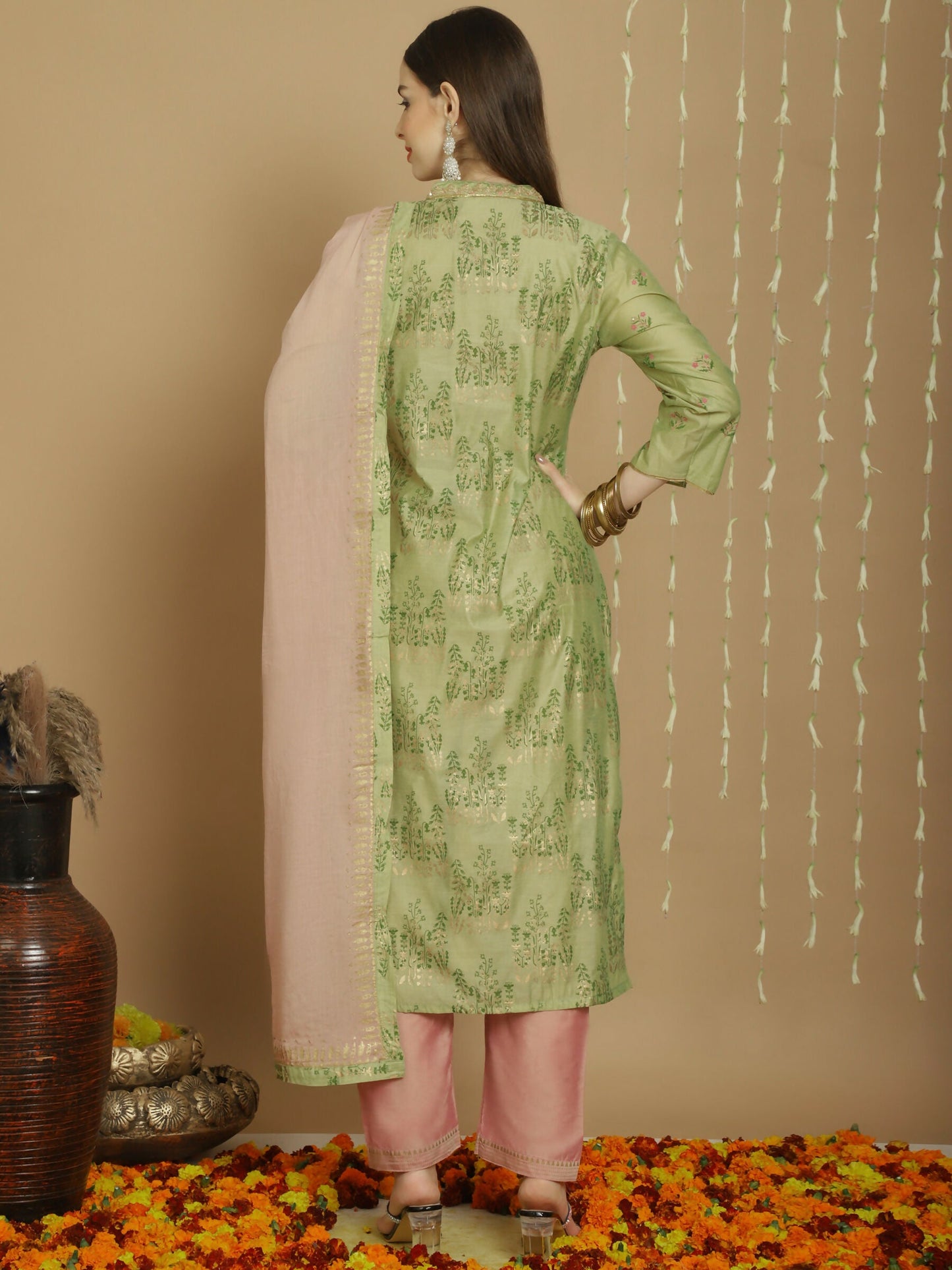 Jyoti Fashion Women's Green Chanderi Silk Elegant Jardoshi Semi Kurta with Trouser & Dupatta | Swadesiicart