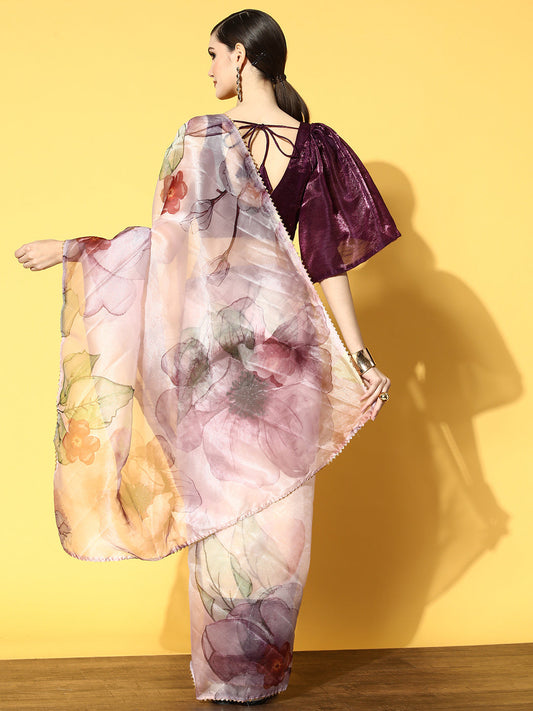 Tikhi Imli Pink & Mauve Floral Organza Saree | Swadesiicart