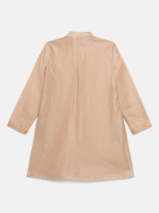 Ahalyaa Boys Beige Poly Silk Gold Printed Kids Kurta Churidar Set