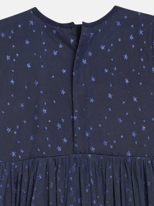 Ahalyaa Navy Blue Net Foil Print Kids Dress For Girls