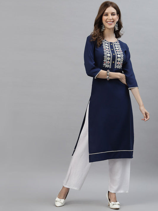 Kalini Women Blue Poly Viscose Rayon Embroidered Kurta | Swadesiicart