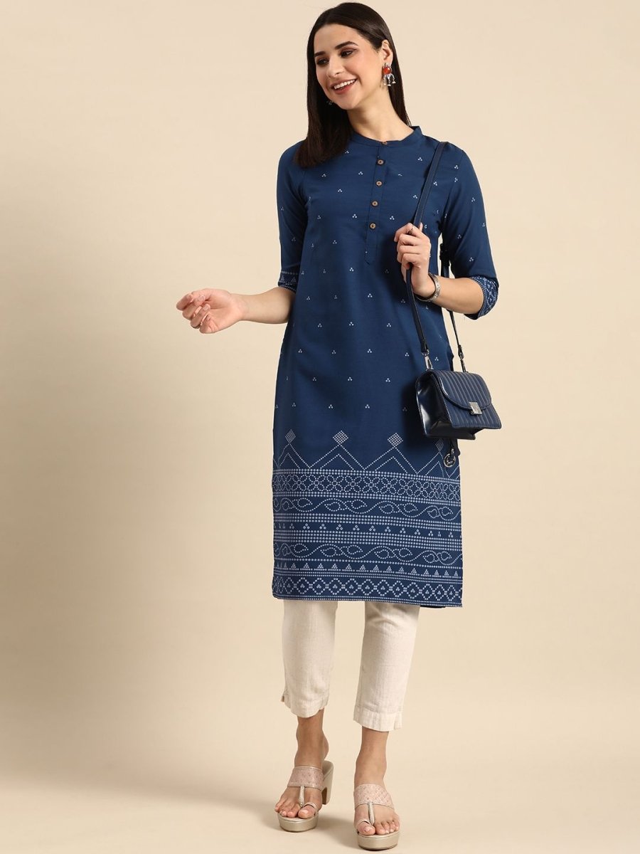 Anouk Women Mandarin Collar Bandhani Printed Indigo Kurta - Swadesiicart