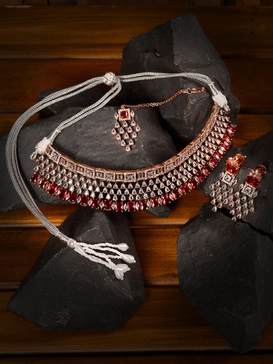 Saraf RS Jewellery Rose Gold-Polished & Red AD & CZ-Studded Contemporary Jewellery Set