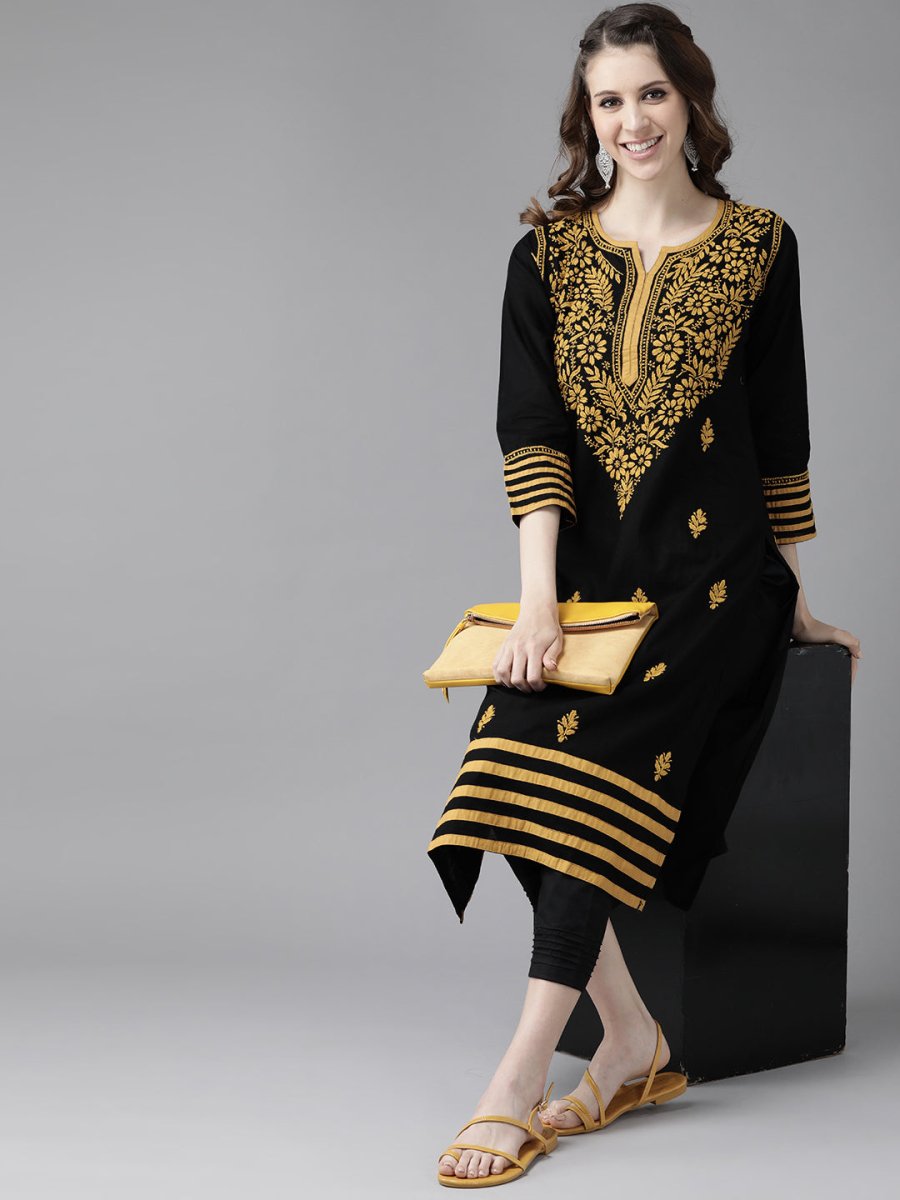 ADA Women Black & Mustard Yellow Pure Cotton Chikankari Embroidered Handloom Kurta with Trousers | Swadesiicart