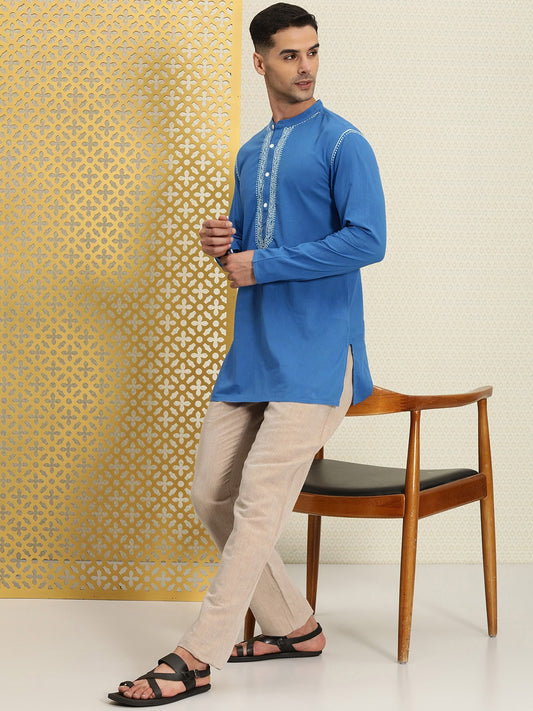 House of Pataudi Men Pure Cotton Solid Chikankari Jashn Short Kurta | Swadesiicart