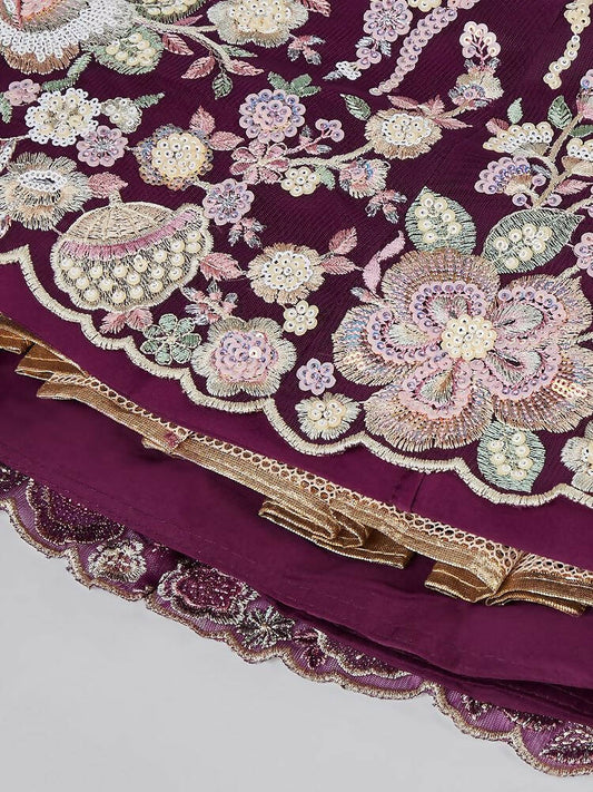 House of Panchhi Burgundy Net Sequins And Thread Embroidery Lehenga Choli & Dupatta | Swadesiicart