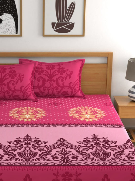 Dreamscape Pink & Beige Ethnic Motifs 144 TC Bedsheet with Pillow Covers - Swadesiicart
