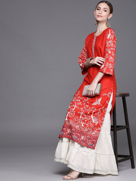Biba Women Red Floral Printed Extended Sleeves Kurta - Swadesiicart