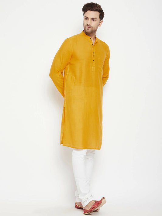 Even Apparels Yellow Pure Cotton Long Men's Kurta With Band Collar | Swadesiicart