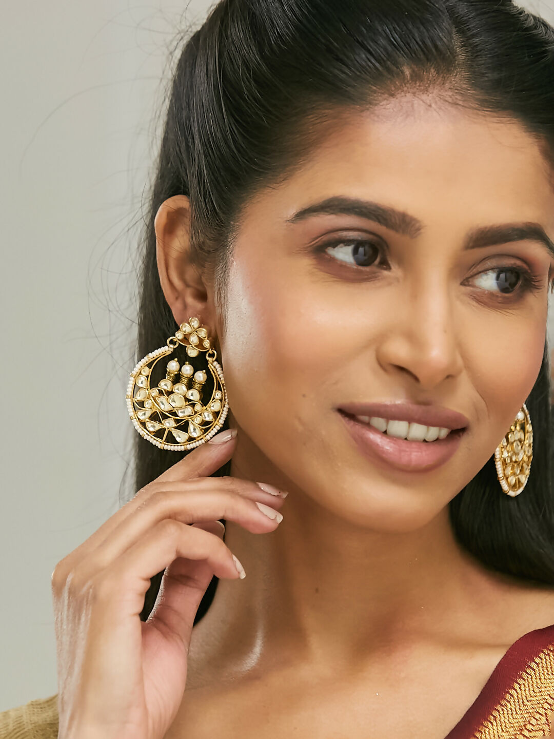 Nuyug 22K Gold-Plated Elegant Kundan Stone Studded & Pearl Beaded Chandbalis | Swadesiicart