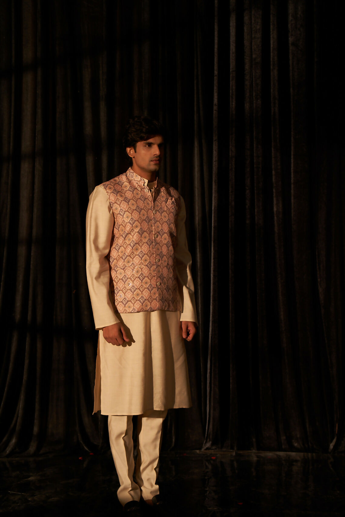 Brown Viscose Designer Printed Men's Kurta Set with Koti - Mahotsav
