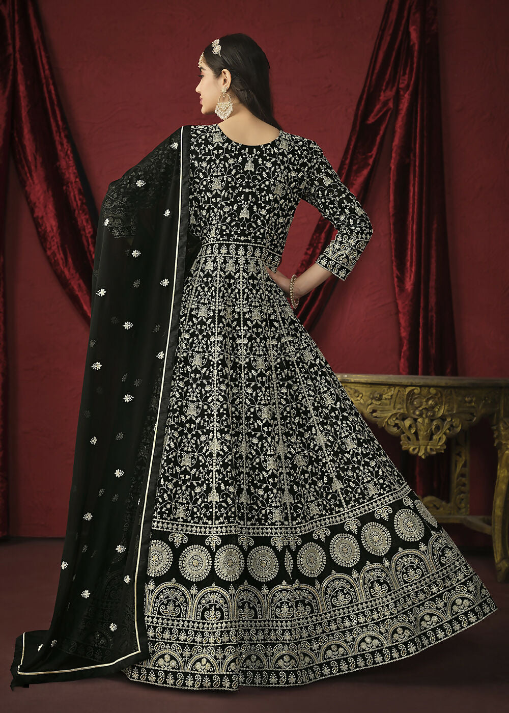 Stunning Black Front & Back Embroidered Trendy Anarkali Suit - Emponline | Swadesiicart